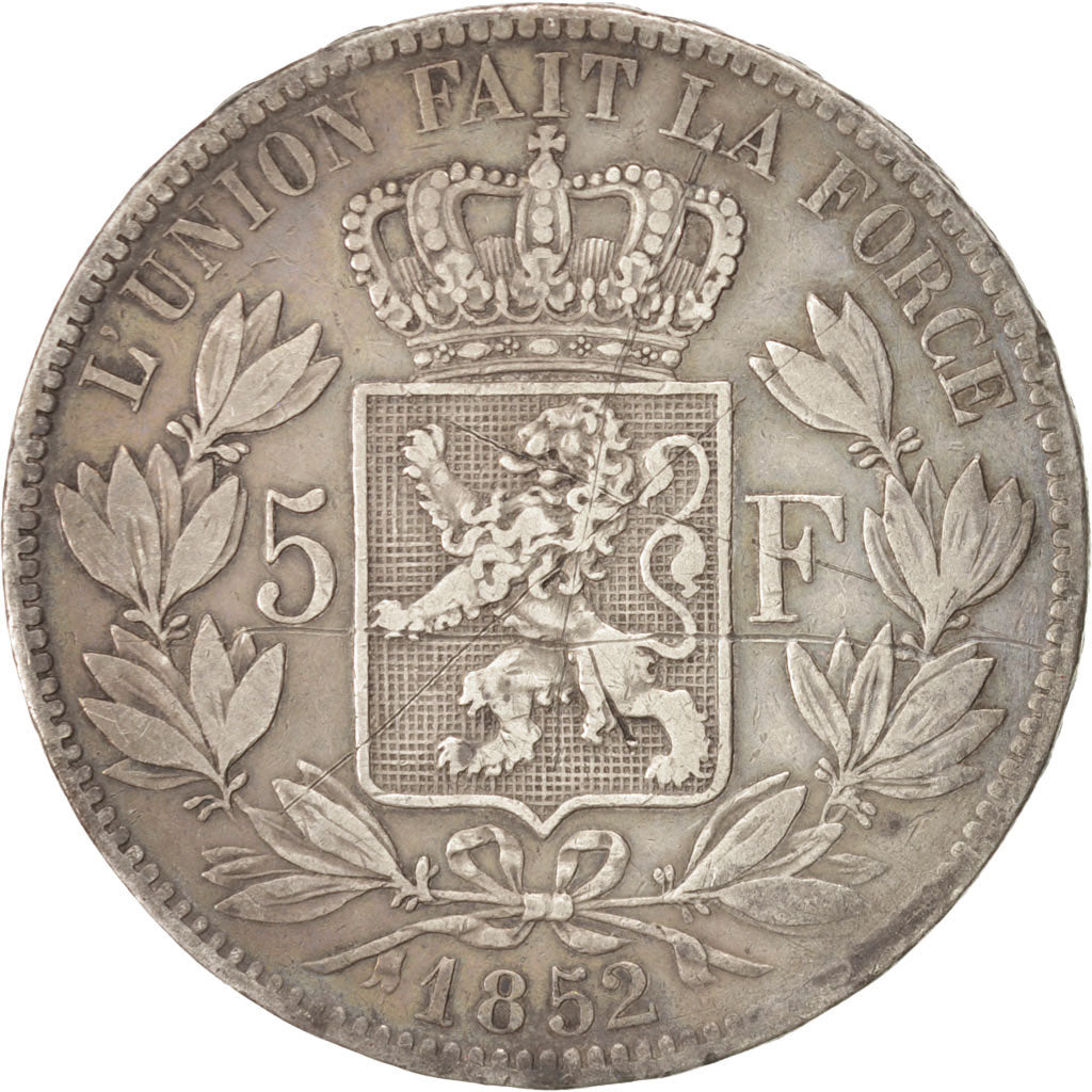 Belgio, Leopold I, 5 Francs, 5 Frank, 1852, MB+, Argento, KM:17
