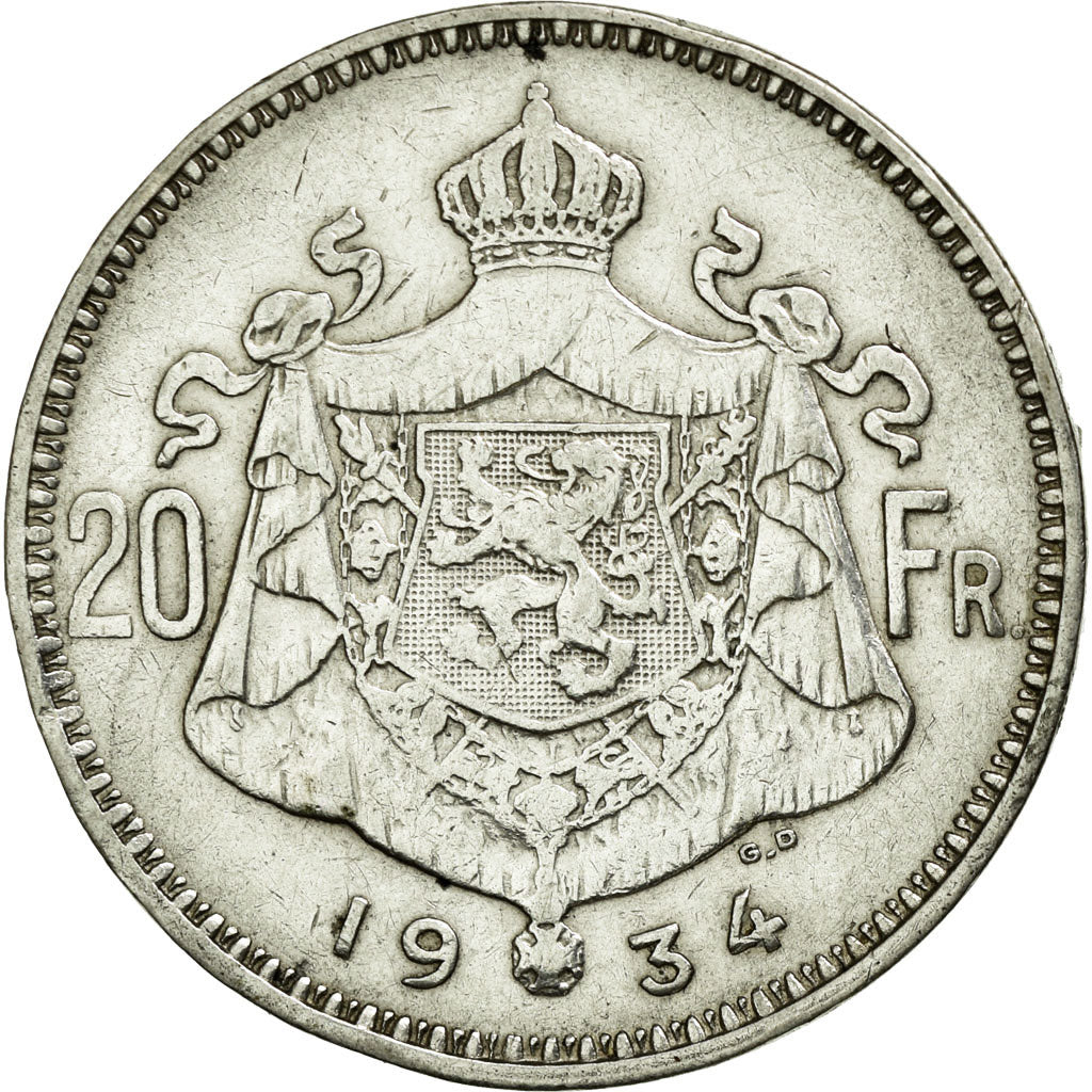 Coin, Belgium, 20 Francs, 20 Frank, 1934, EF(40-45), Silver, KM:104.1