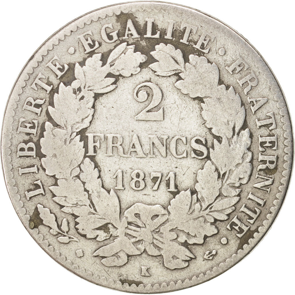 France, Cérès, 2 Francs, 1871, Bordeaux, TB, Silver, KM:816.2, Gadoury:530