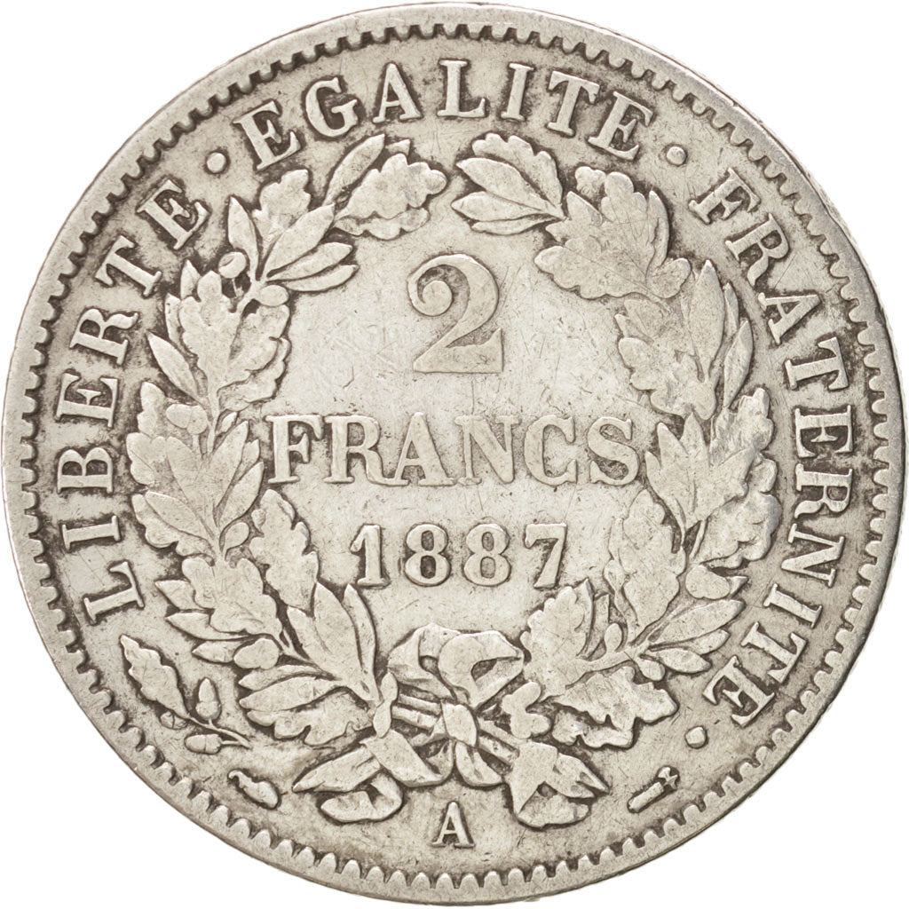 France, Cérès, 2 Francs, 1887, Paris, VF(30-35), Silver, KM:817.1, Gadoury:...