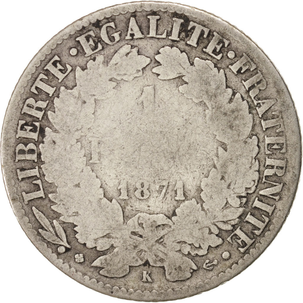 Frankreich, Cérès, Franc, 1871, Bordeaux, F(12-15), Silver, KM:822.2, Gadou...