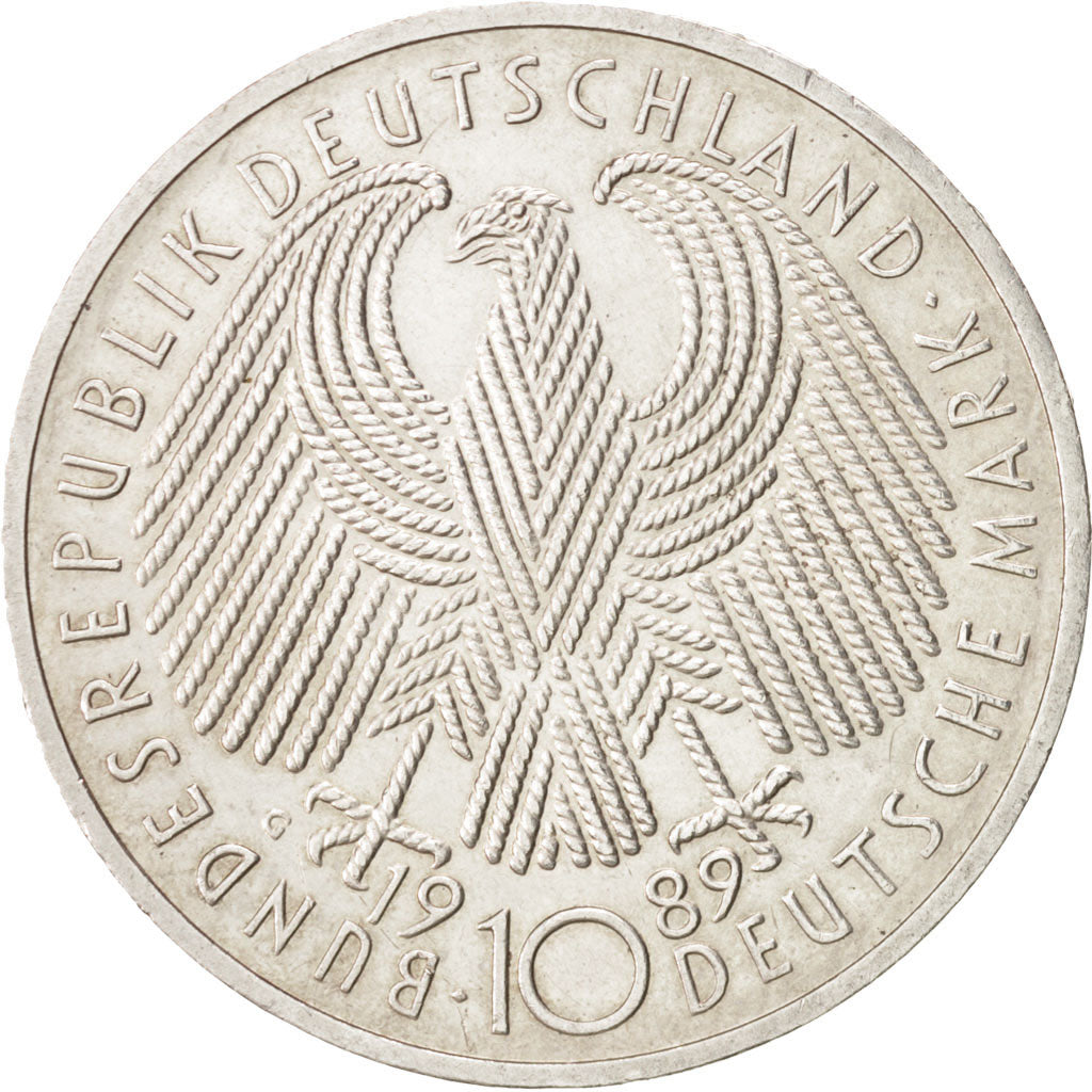 GERMANY - FEDERAL REPUBLIC, 10 Mark, 1989, Karlsruhe, Germany, MS(60-62), Sil...