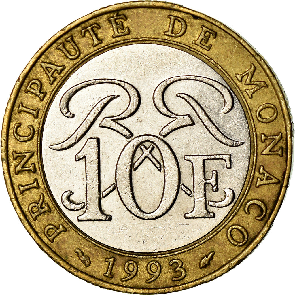 Coin, Monaco, Rainier III, 10 Francs, 1993, EF(40-45), Bi-Metallic, KM:163