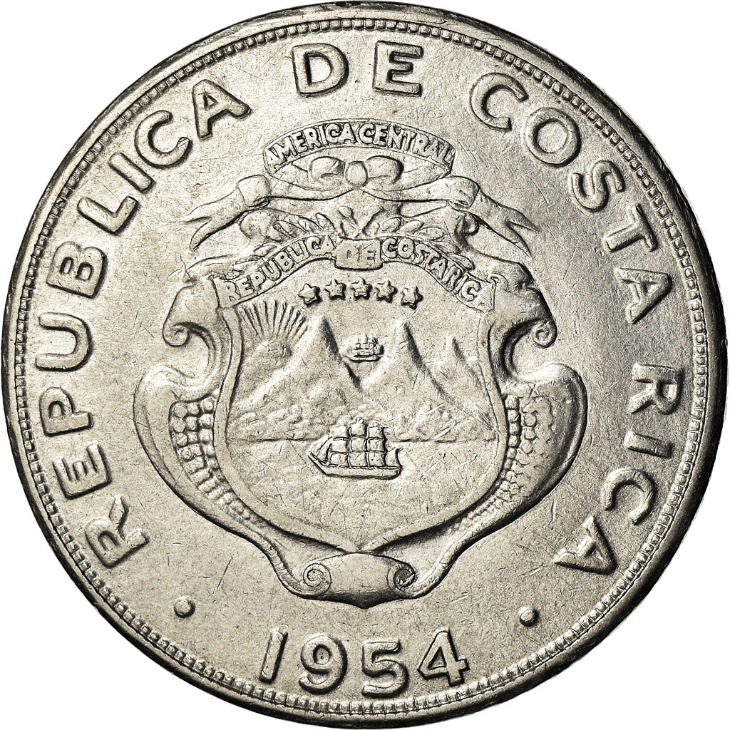 Moneda, Costa Rica, 2 Colones, 1954, MBC, Acero inoxidable, KM:187.1