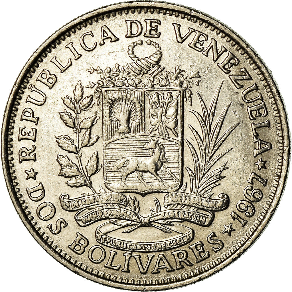 Moeda, Venezuela, 2 Bolivares, 1967, AU(50-53), Níquel, KM:43