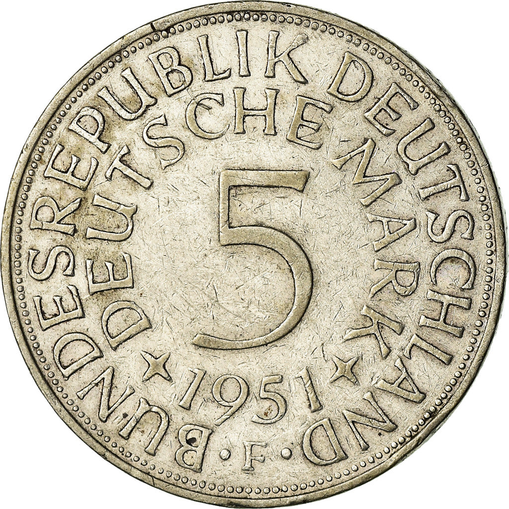 Moneta, GERMANIA - REPUBBLICA FEDERALE, 5 Mark, 1951, Stuttgart, MB+, Argento