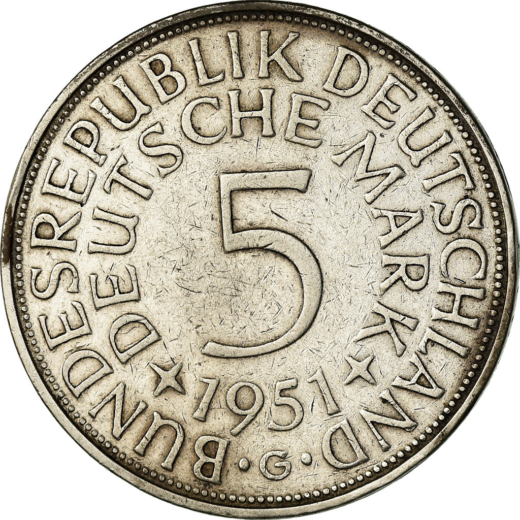 Moeda, ALEMANHA - REPÚBLICA FEDERAL, 5 Mark, 1951, Karlsruhe, VF(30-35), Prata