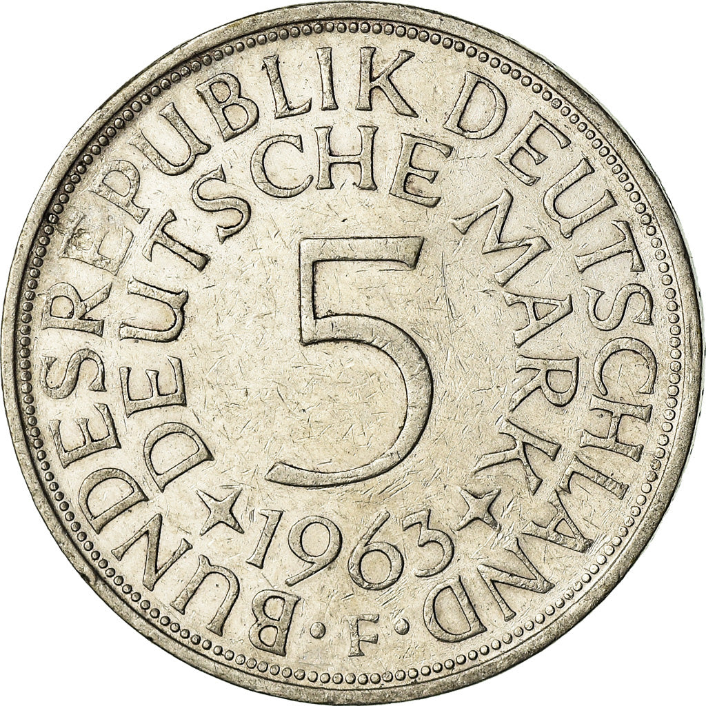 Coin, GERMANY - FEDERAL REPUBLIC, 5 Mark, 1963, Stuttgart, EF(40-45), Silver