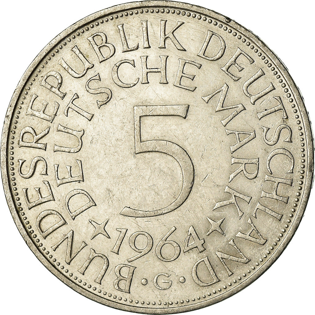 Moneta, GERMANIA - REPUBBLICA FEDERALE, 5 Mark, 1964, Karlsruhe, BB+, Argento