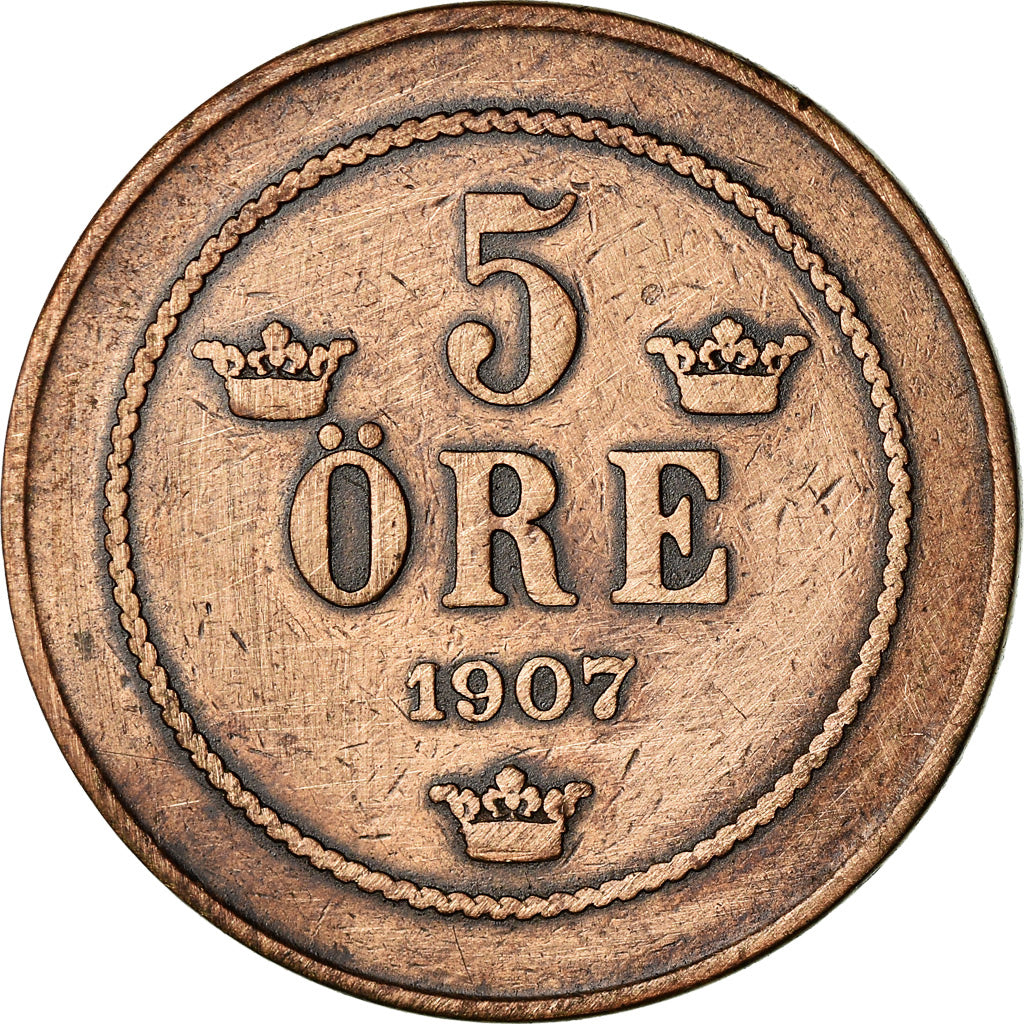 Moneda, Suecia, Oscar II, 5 Öre, 1907, BC+, Bronce, KM:770
