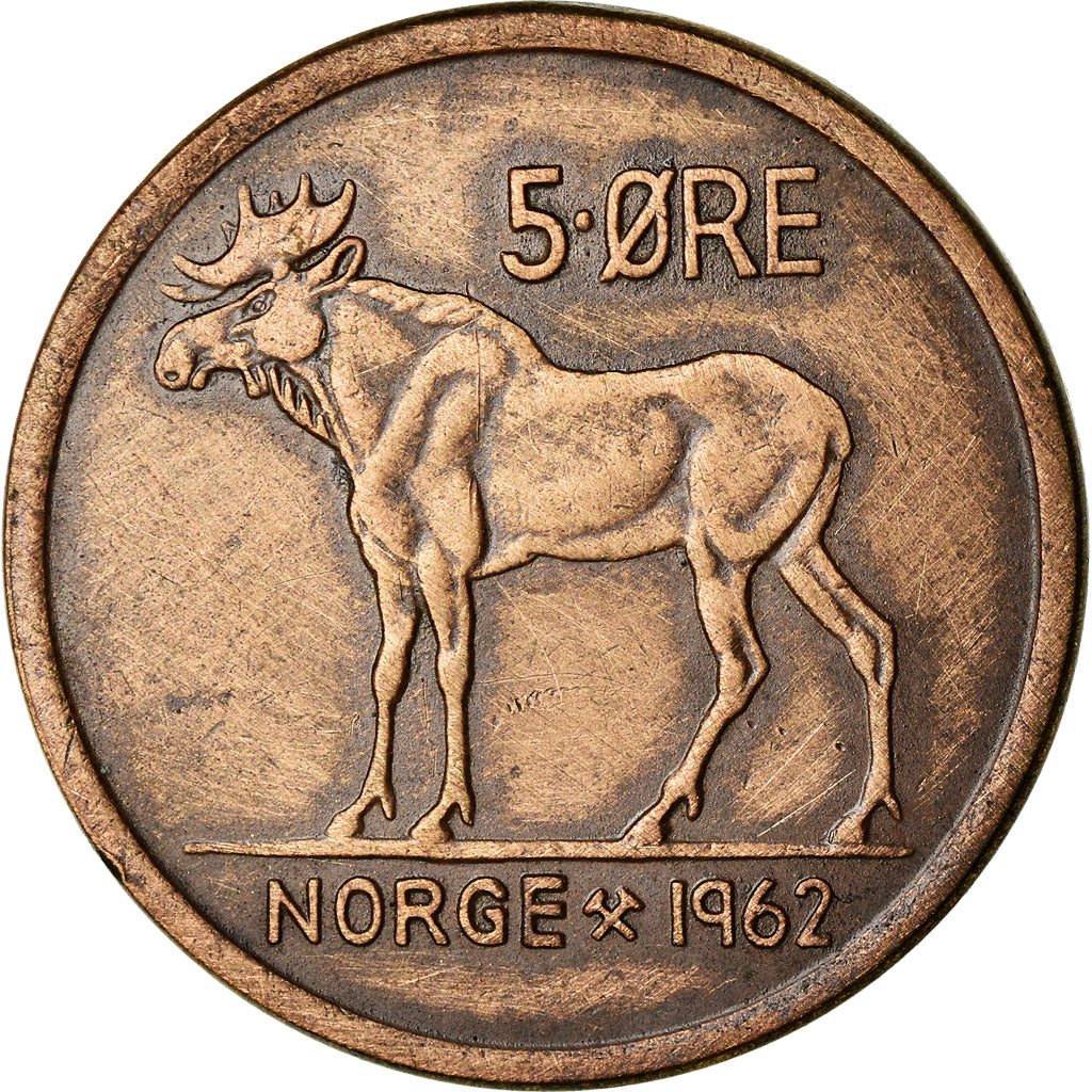 Munten, Noorwegen, Olav V, 5 Öre, 1962, FR+, Bronze, KM:405
