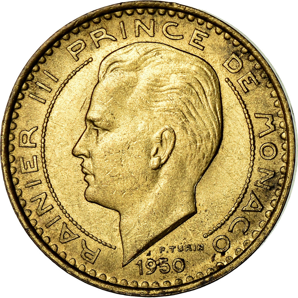 Moeda, Mónaco, Rainier III, 10 Francs, 1950, AU(55-58), Alumínio-Bronze
