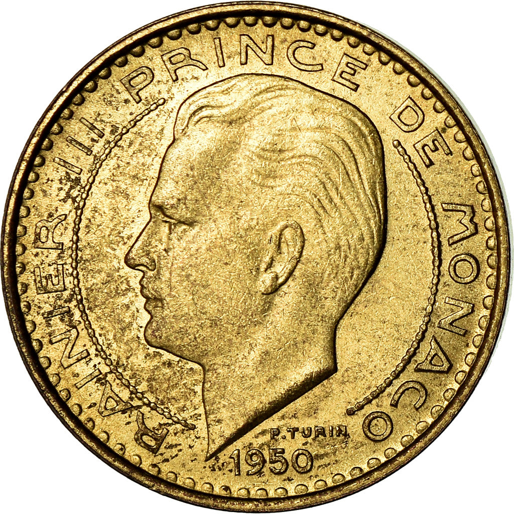 Moeda, Mónaco, Rainier III, 10 Francs, 1950, EF(40-45), Alumínio-Bronze