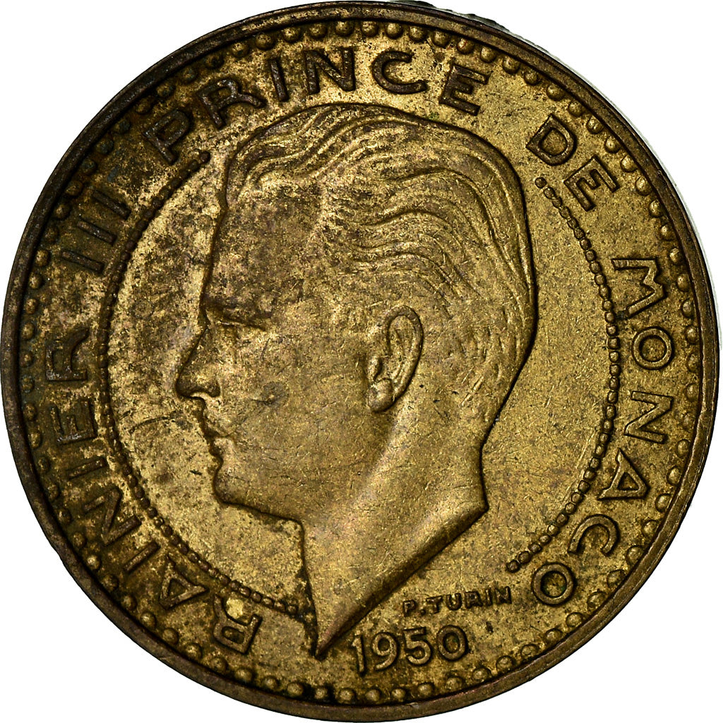 Coin, Monaco, Rainier III, 20 Francs, Vingt, 1950, VF(20-25), Aluminum-Bronze