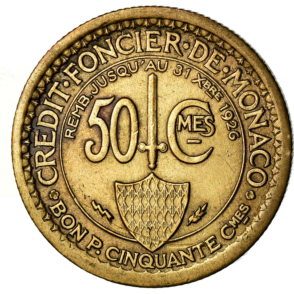 Coin, Monaco, Louis II, 50 Centimes, 1924, Poissy, EF(40-45), Aluminum-Bronze