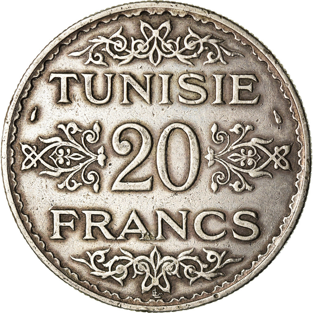 Coin, Tunisia, Ahmad Pasha Bey, 20 Francs, 1934, Paris, EF(40-45), Silver