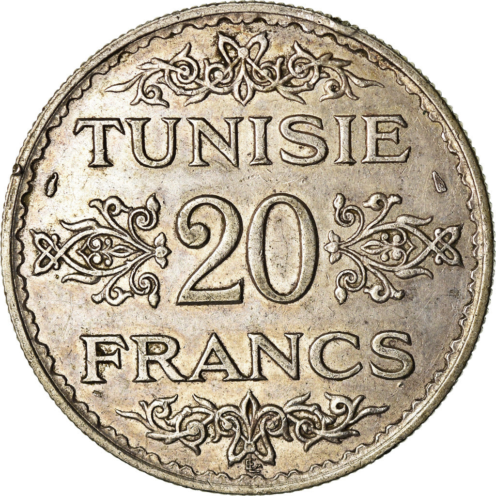 Coin, Tunisia, Ahmad Pasha Bey, 20 Francs, 1934, Paris, EF(40-45), Silver
