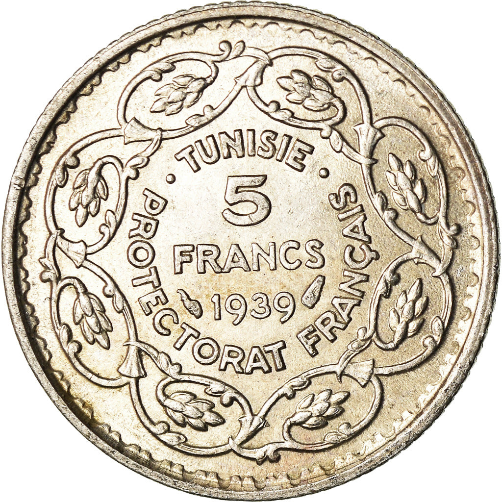 Moeda, Tunísia, Ahmad Pasha Bey, 5 Francs, 1939, Paris, AU(55-58), Prata