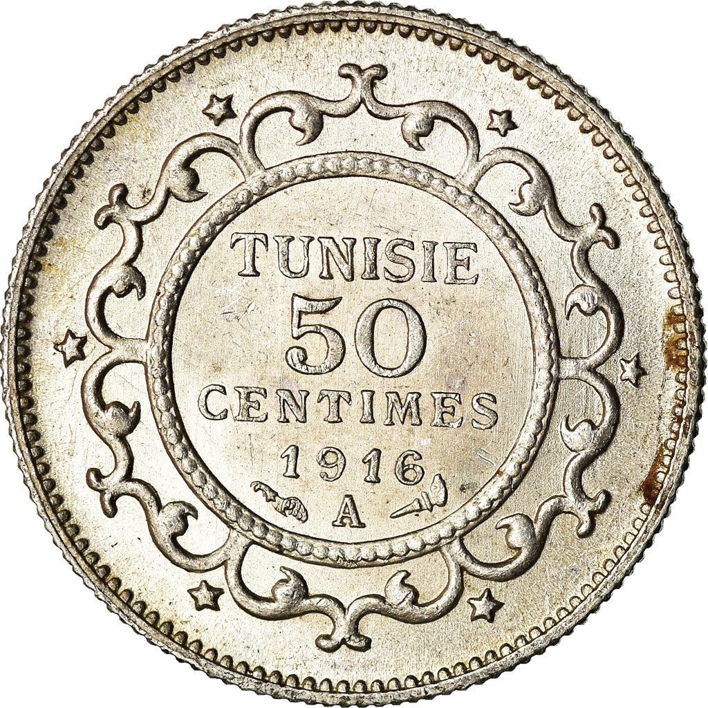 Coin, Tunisia, Muhammad al-Nasir Bey, 50 Centimes, 1916, Paris, AU(55-58)