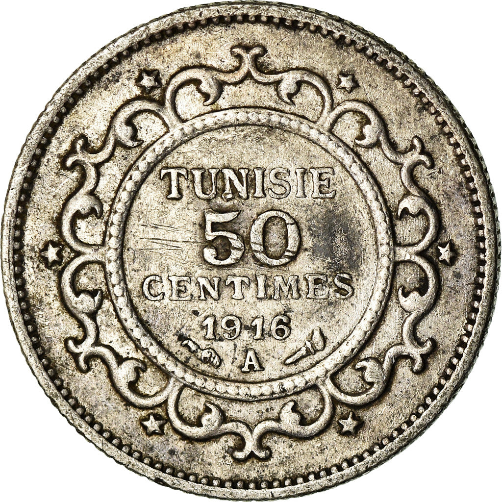 Coin, Tunisia, Muhammad al-Nasir Bey, 50 Centimes, 1916, Paris, EF(40-45)