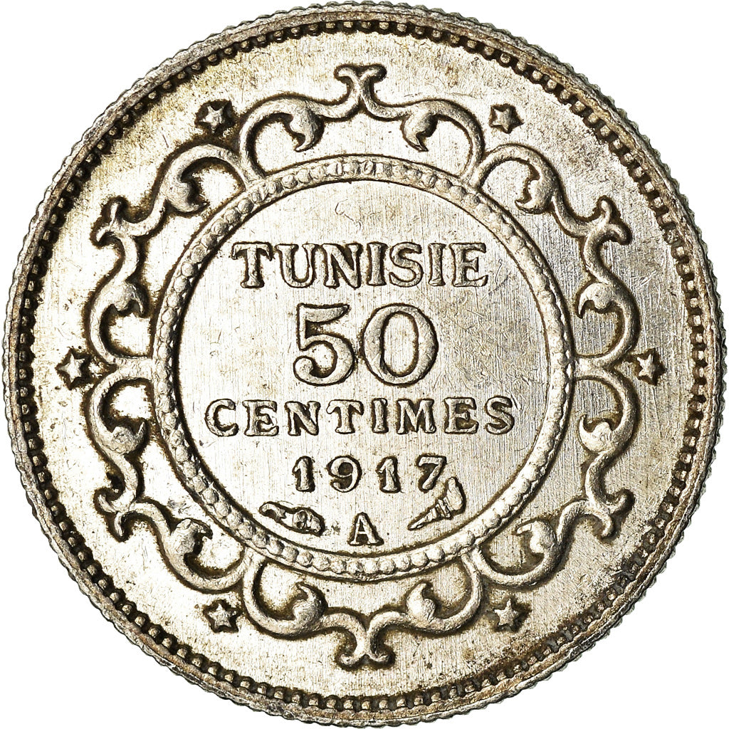 Münze, Tunesien, Muhammad al-Nasir Bey, 50 Centimes, 1917, Paris, VZ, Silber