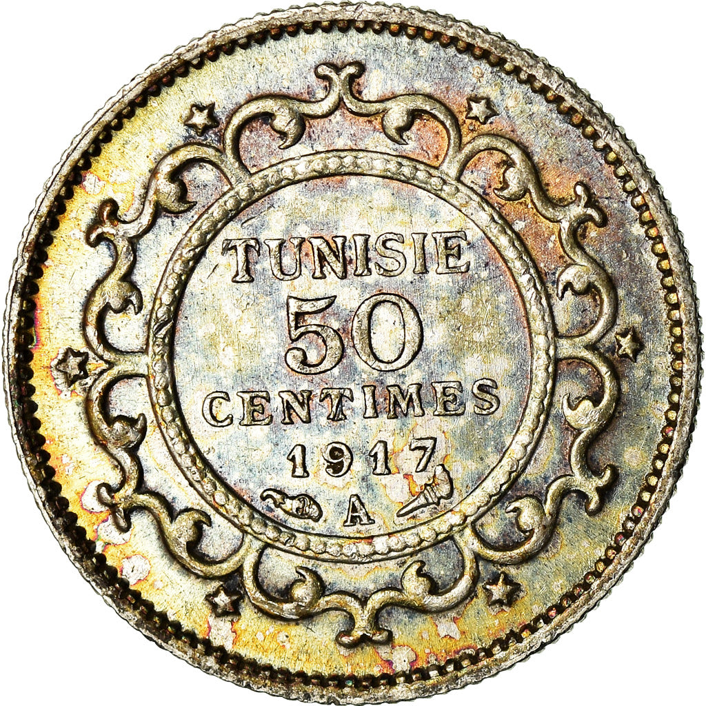 Coin, Tunisia, Muhammad al-Nasir Bey, 50 Centimes, 1917, Paris, AU(50-53)