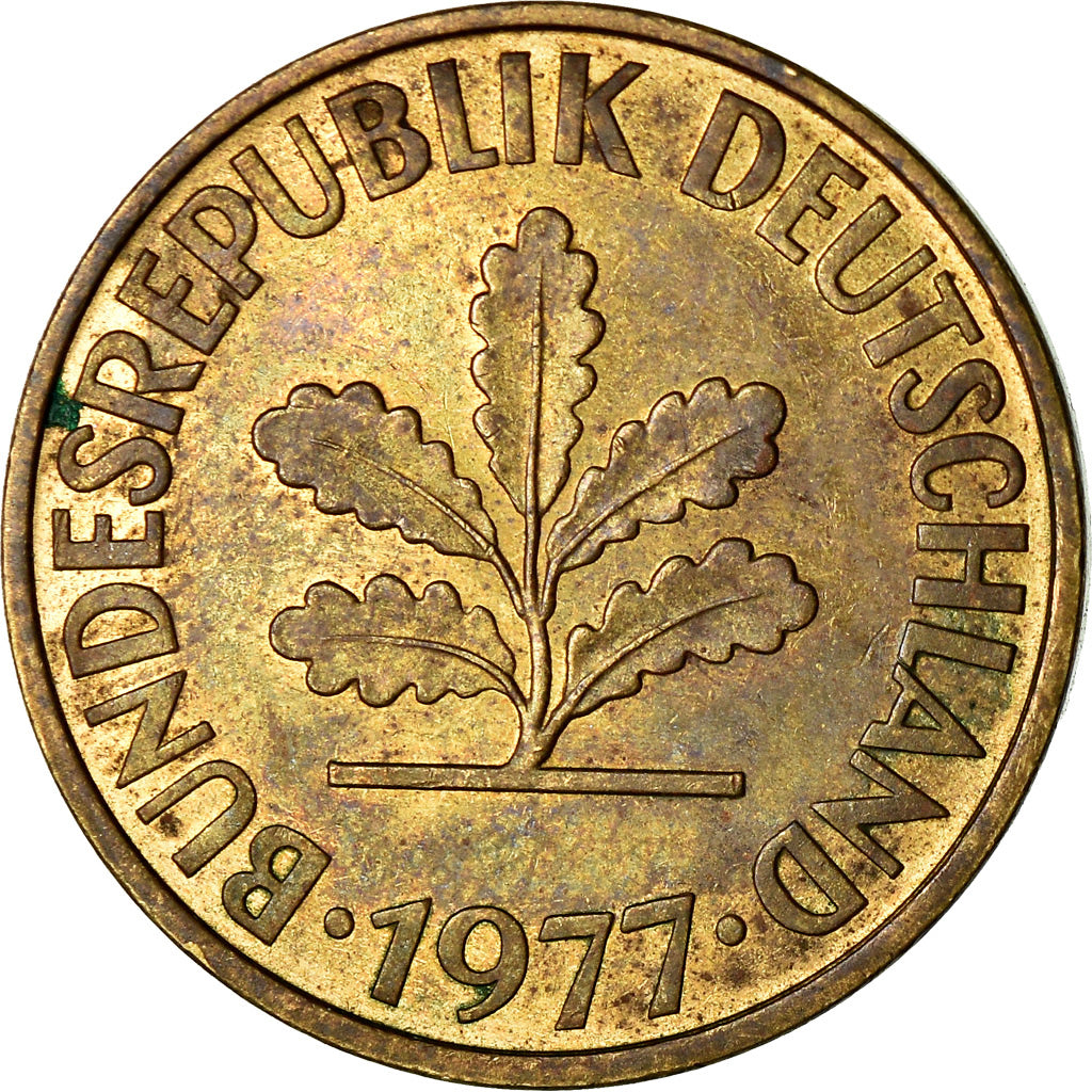 Moneta, Niemcy - RFN, 10 Pfennig, 1977, Karlsruhe, VF(30-35), Mosiądz powlekany