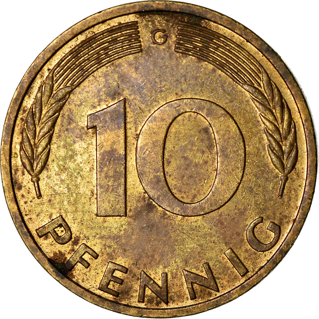 Moneta, Niemcy - RFN, 10 Pfennig, 1977, Karlsruhe, VF(30-35), Mosiądz powlekany