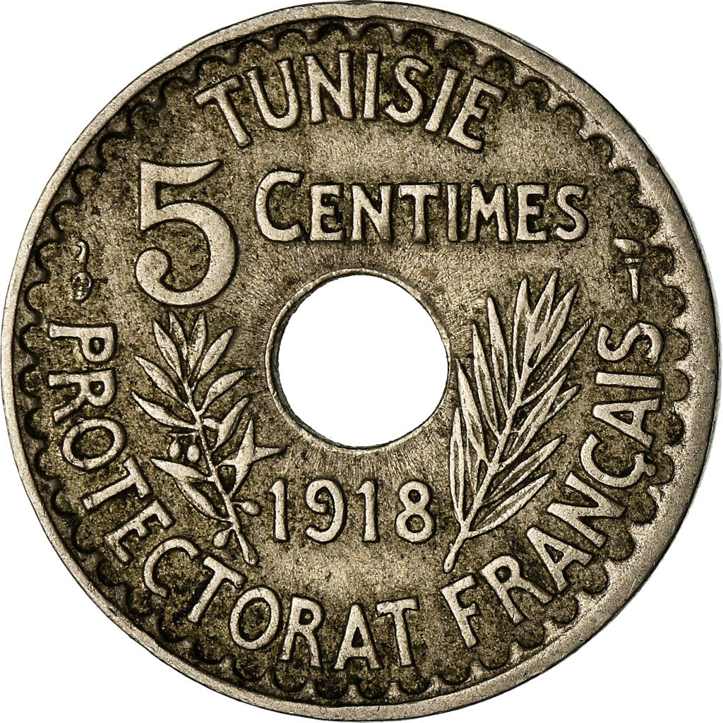 Moeda, Tunísia, Muhammad al-Nasir Bey, 5 Centimes, 1918, Paris, VF(30-35)
