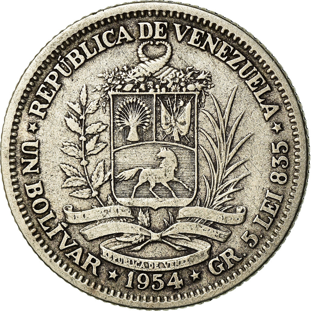 Coin, Venezuela, Bolivar, 1954, Philadelphia, EF(40-45), Silver, KM:37