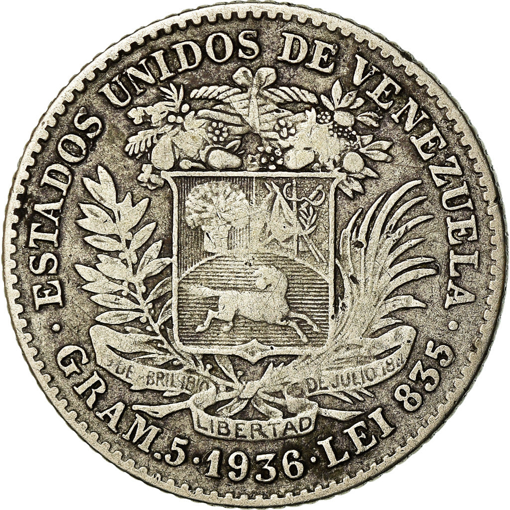 Coin, Venezuela, Gram 5, Bolivar, 1936, VF(30-35), Silver, KM:22