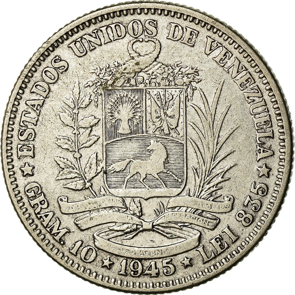 Moneta, Venezuela, Gram 10, 2 Bolivares, 1945, Philadelphia, MB+, Argento