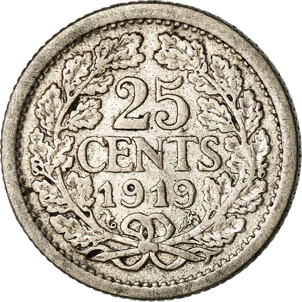 Coin, Netherlands, Wilhelmina I, 25 Cents, 1919, VF(30-35), Silver, KM:146