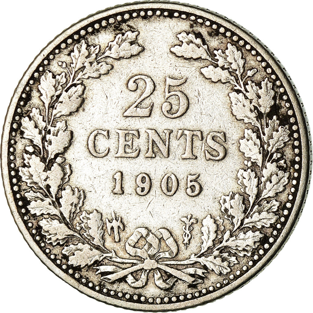 Coin, Netherlands, Wilhelmina I, 25 Cents, 1905, VF(30-35), Silver, KM:120.2