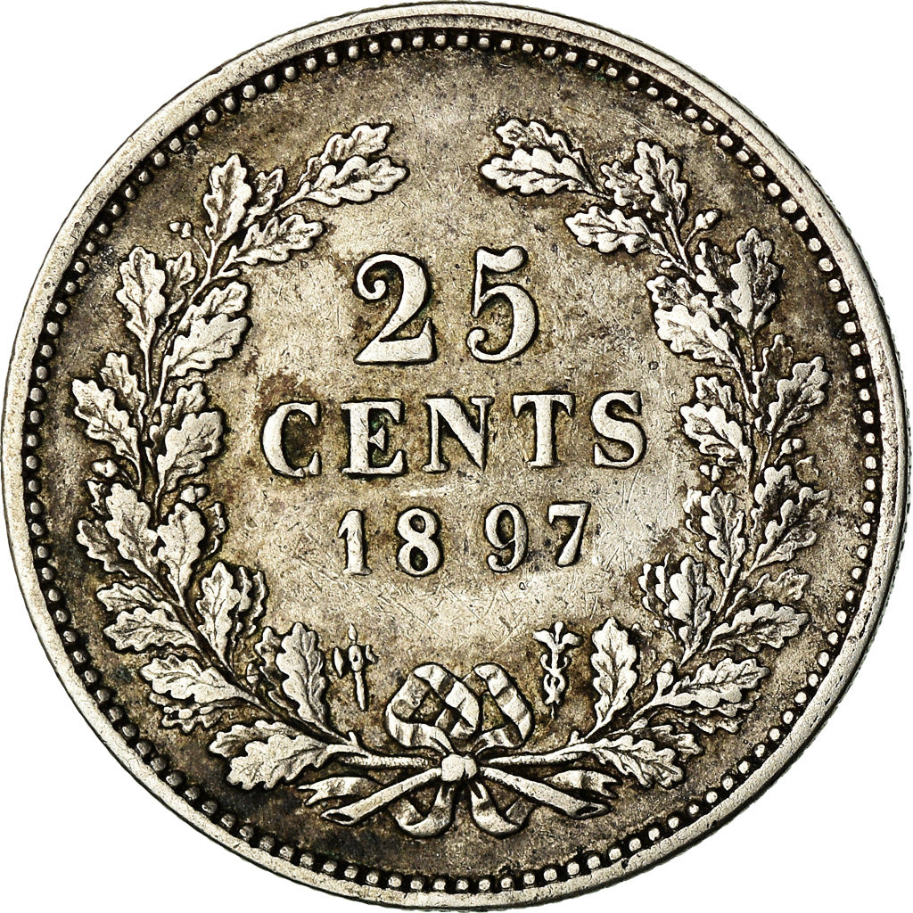 Coin, Netherlands, Wilhelmina I, 25 Cents, 1897, EF(40-45), Silver, KM:115