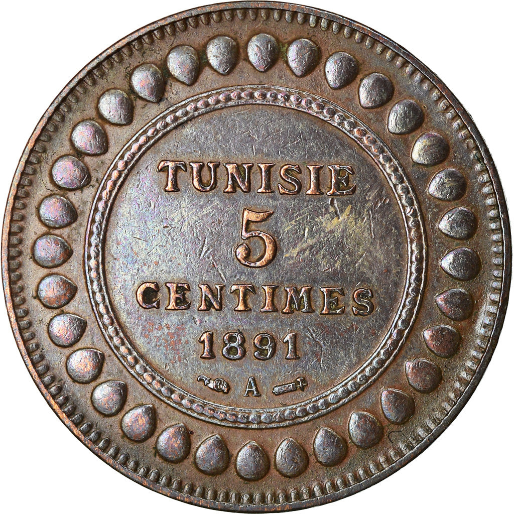 Coin, Tunisia, Ali Bey, 5 Centimes, 1891, Paris, EF(40-45), Bronze, KM:221