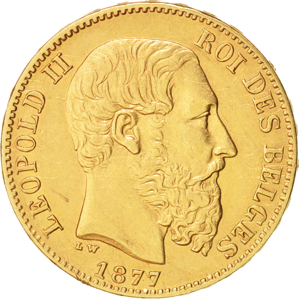 Belgium, Leopold II, 20 Francs, 20 Frank, 1877, , AU(50-53), Go...