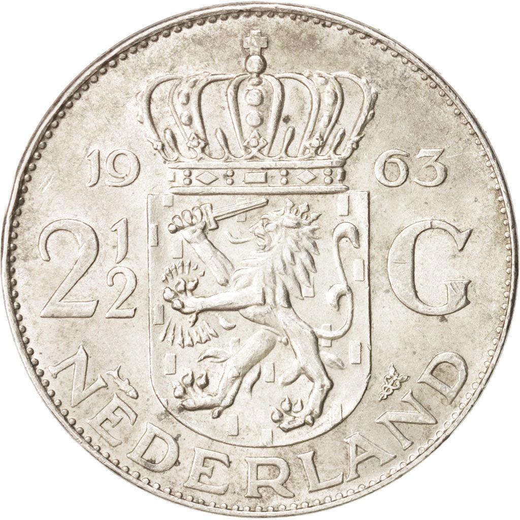 Netherlands, Juliana, 2-1/2 Gulden, 1963, , AU(55-58), Silver,...