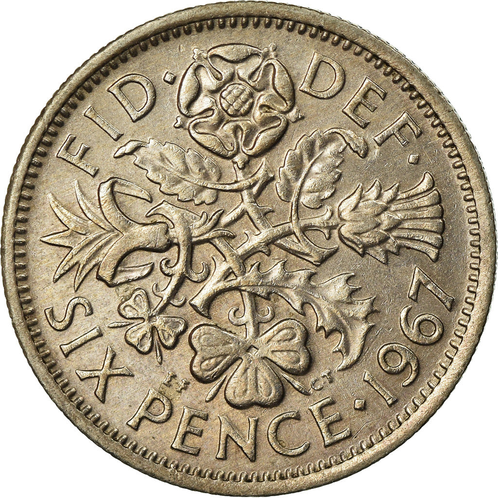 Coin, Great Britain, Elizabeth II, 6 Pence, 1967, AU(55-58), Copper-nickel