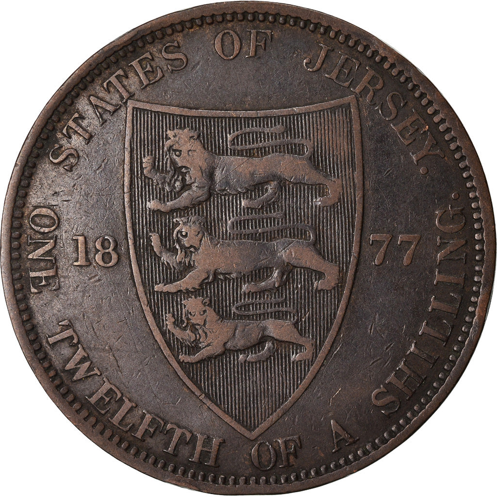 Coin, Jersey, Victoria, 1/12 Shilling, 1877, VF(30-35), Bronze, KM:8