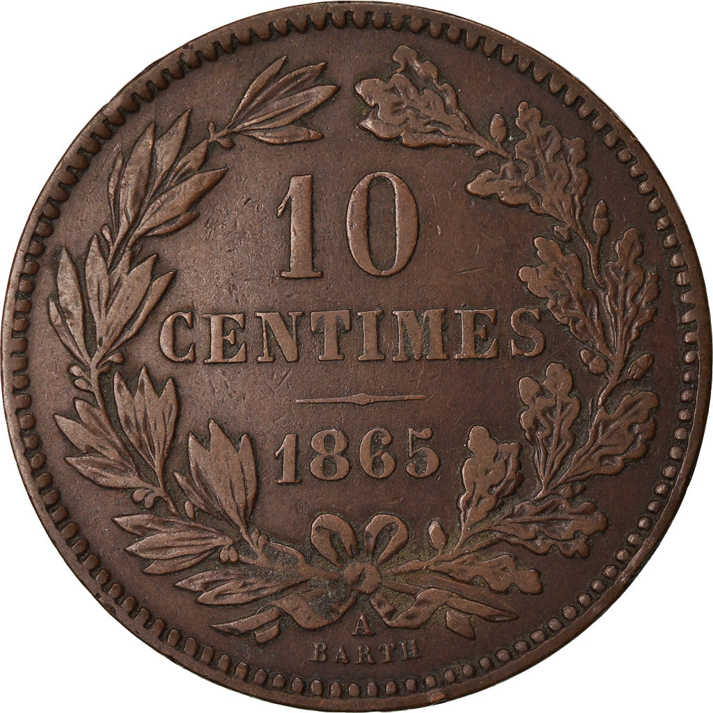 Coin, Luxembourg, William III, 10 Centimes, 1865, Paris, AU(55-58), Bronze