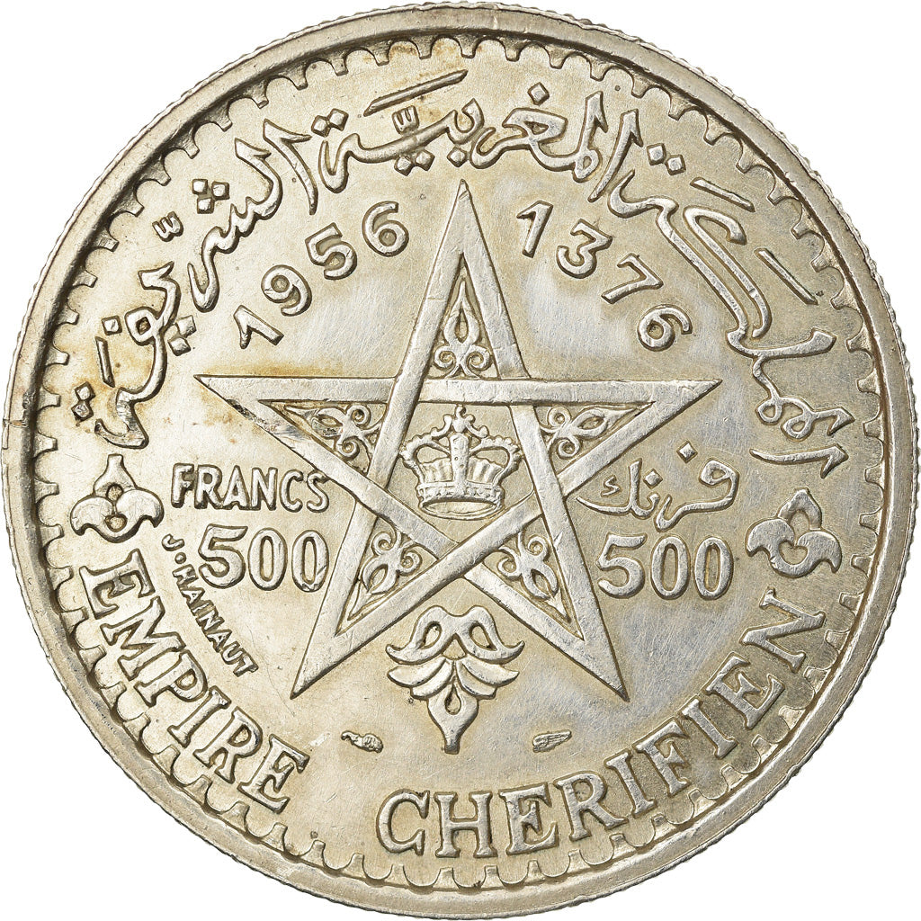 Coin, Morocco, Mohammed V, 500 Francs, 1956, Paris, AU(50-53), Silver, KM:54