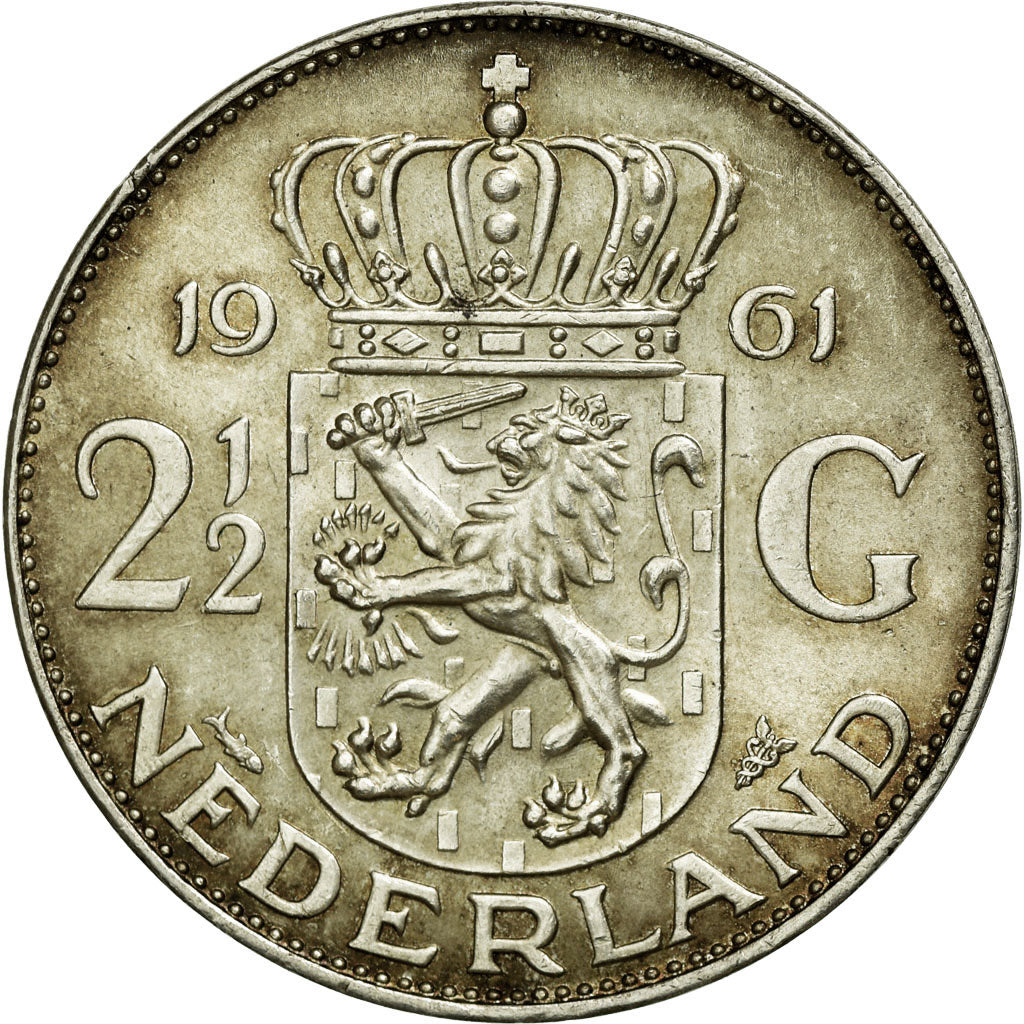 Coin, Netherlands, Juliana, 2-1/2 Gulden, 1961, AU(50-53), Silver, KM:185