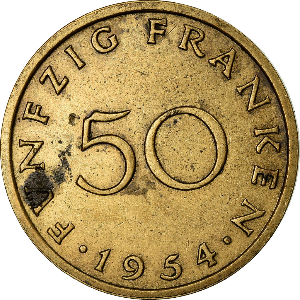 Coin, SAARLAND, 50 Franken, 1954, Paris, VF(30-35), Aluminum-Bronze, KM:3