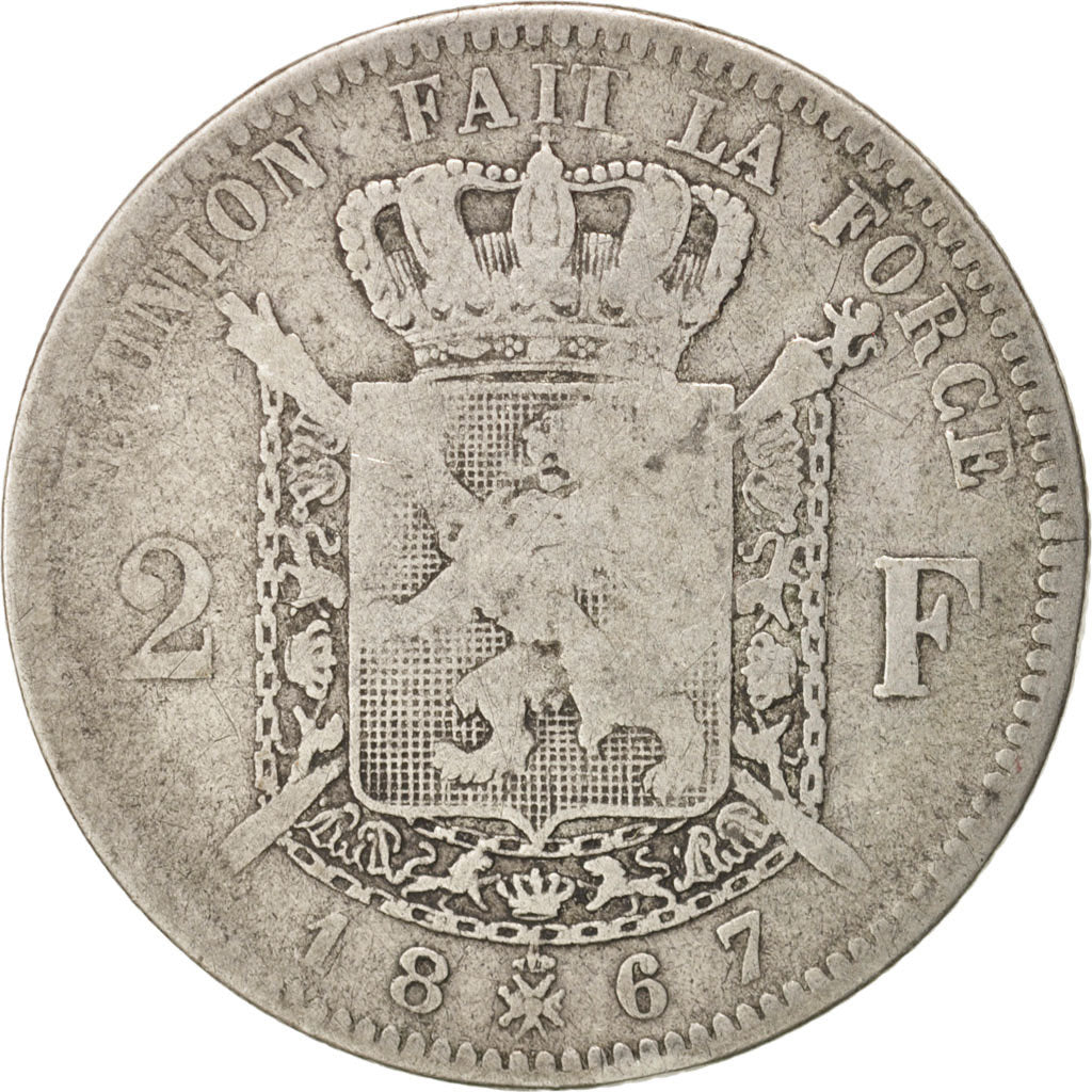 Belgio, Leopold II, 2 Francs, 2 Frank, 1867, MB, Argento, KM:30.1