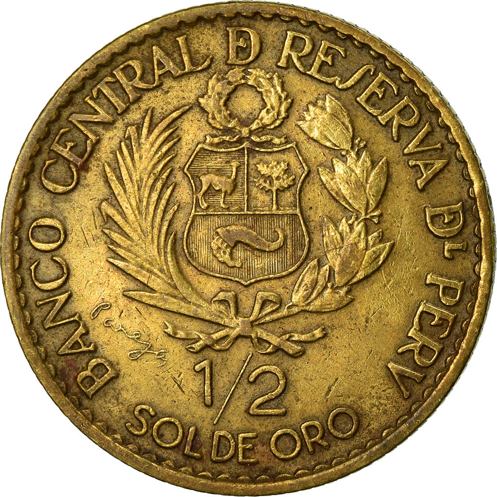 Moneda, Perú, 1/2 Sol, 1965, Lima, MBC, Latón, KM:239