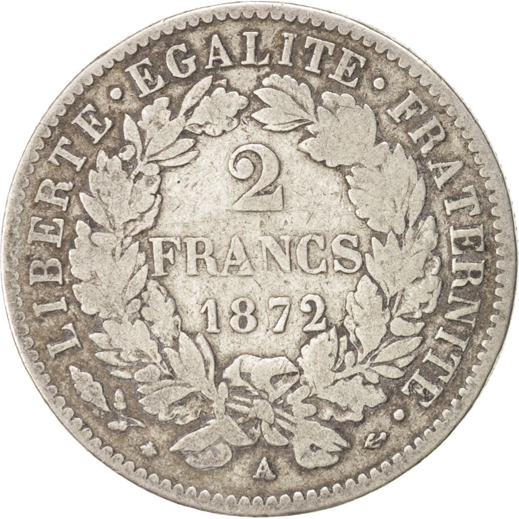 France, Cérès, 2 Francs, 1872, Paris, VF(20-25), Silver, KM:817.1, Gadoury:...