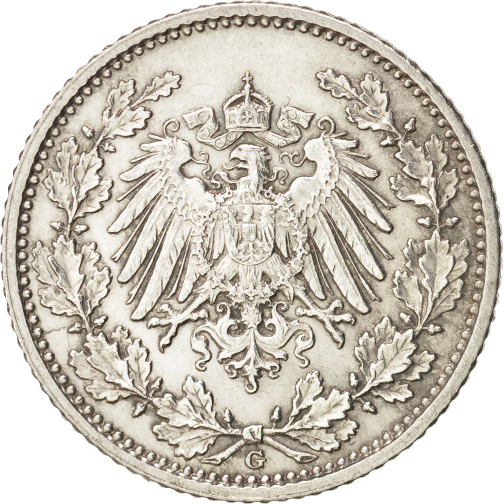 GERMANY - EMPIRE, 1/2 Mark, 1905, Karlsruhe, AU(55-58), Silver, KM:17