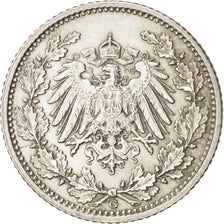 GERMANY - EMPIRE, 1/2 Mark, 1905, Karlsruhe, AU(55-58), Silver, KM:17