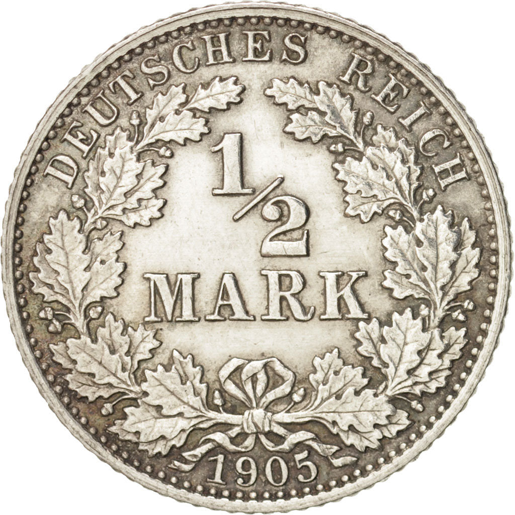 GERMANY - EMPIRE, 1/2 Mark, 1905, Karlsruhe, AU(55-58), Silver, KM:17